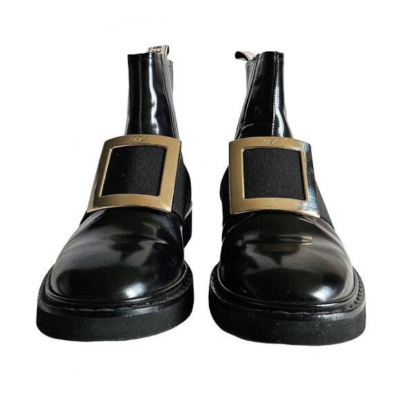 ROGER VIVIER BLACK VIV RANGERS LEATHER BUCKLE CHELSEA BOOTS (38.5) - Picture 3 of 11